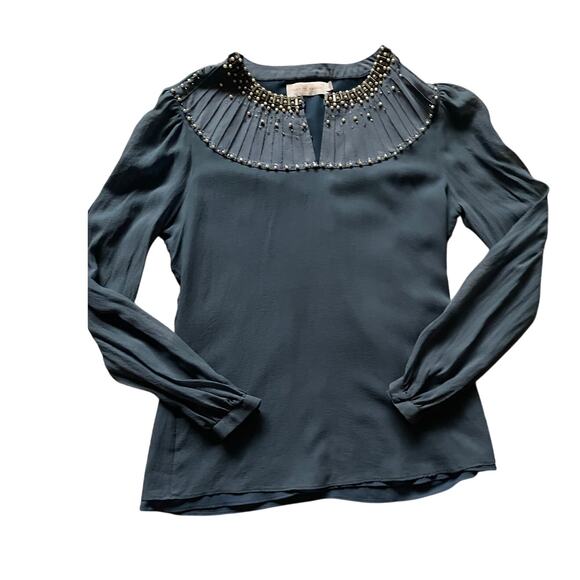 Tory Burch Womens/Teen Silk Sheer Blouse Beaded/Pearl Collar Slate color Size 0 - Picture 1 of 9